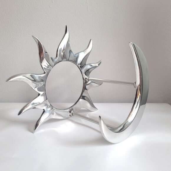 Aluminum Wine Bottle Rack Celestial Sun Moon Modern Sculpture Silver Bar Display - Picture 1 of 6